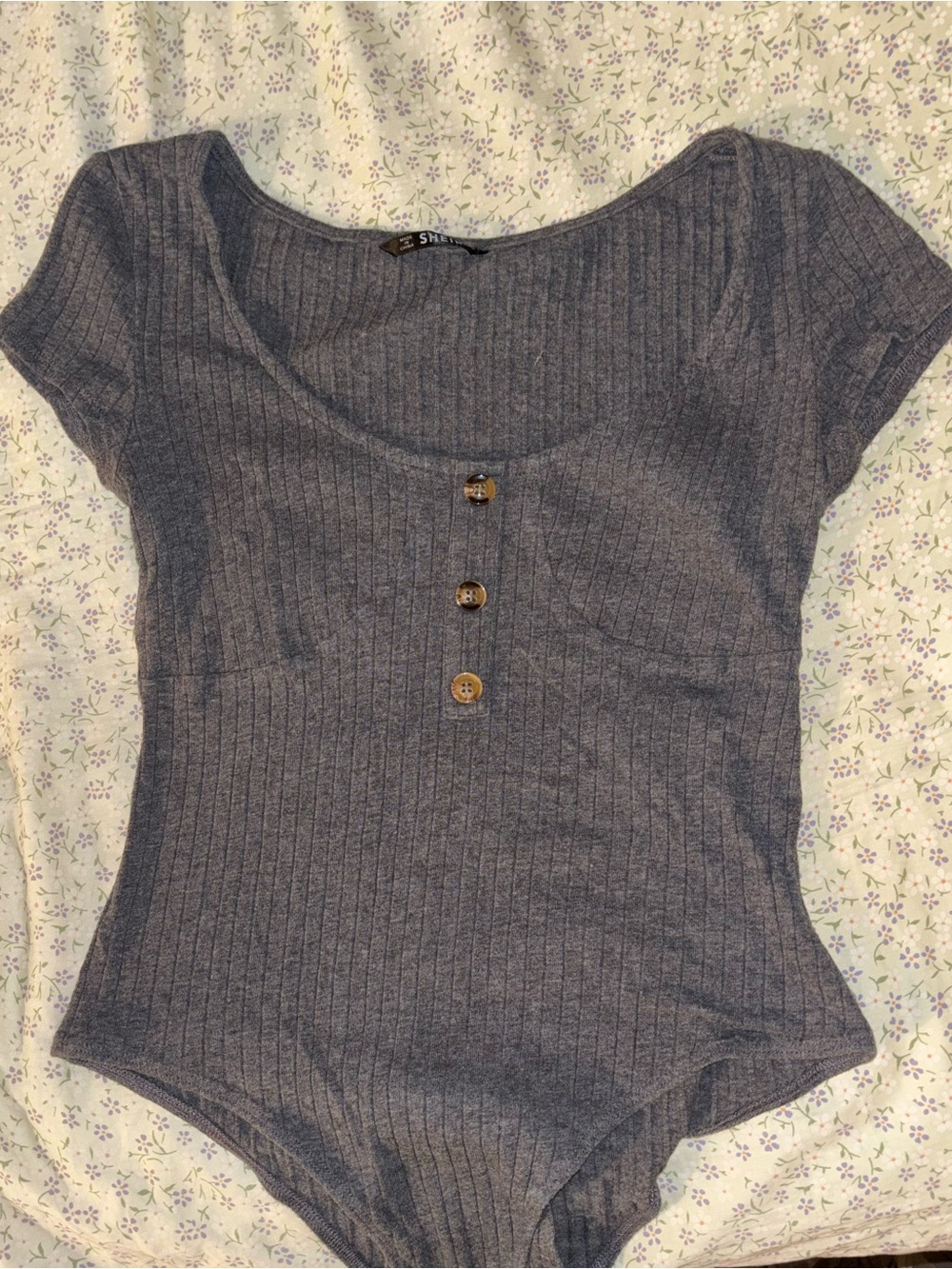 Shirred Scoop Neck Ribbed Bodysuit - Gray